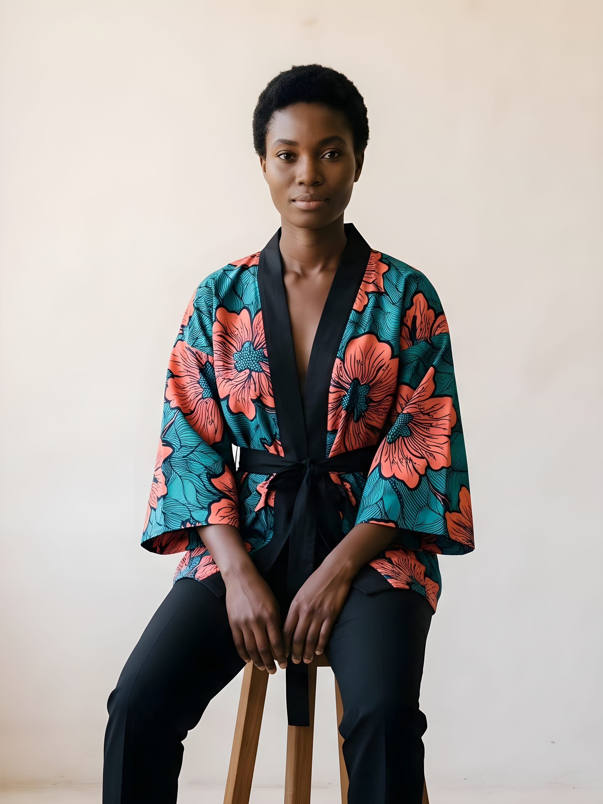 A model in an Ankara kimono jacket