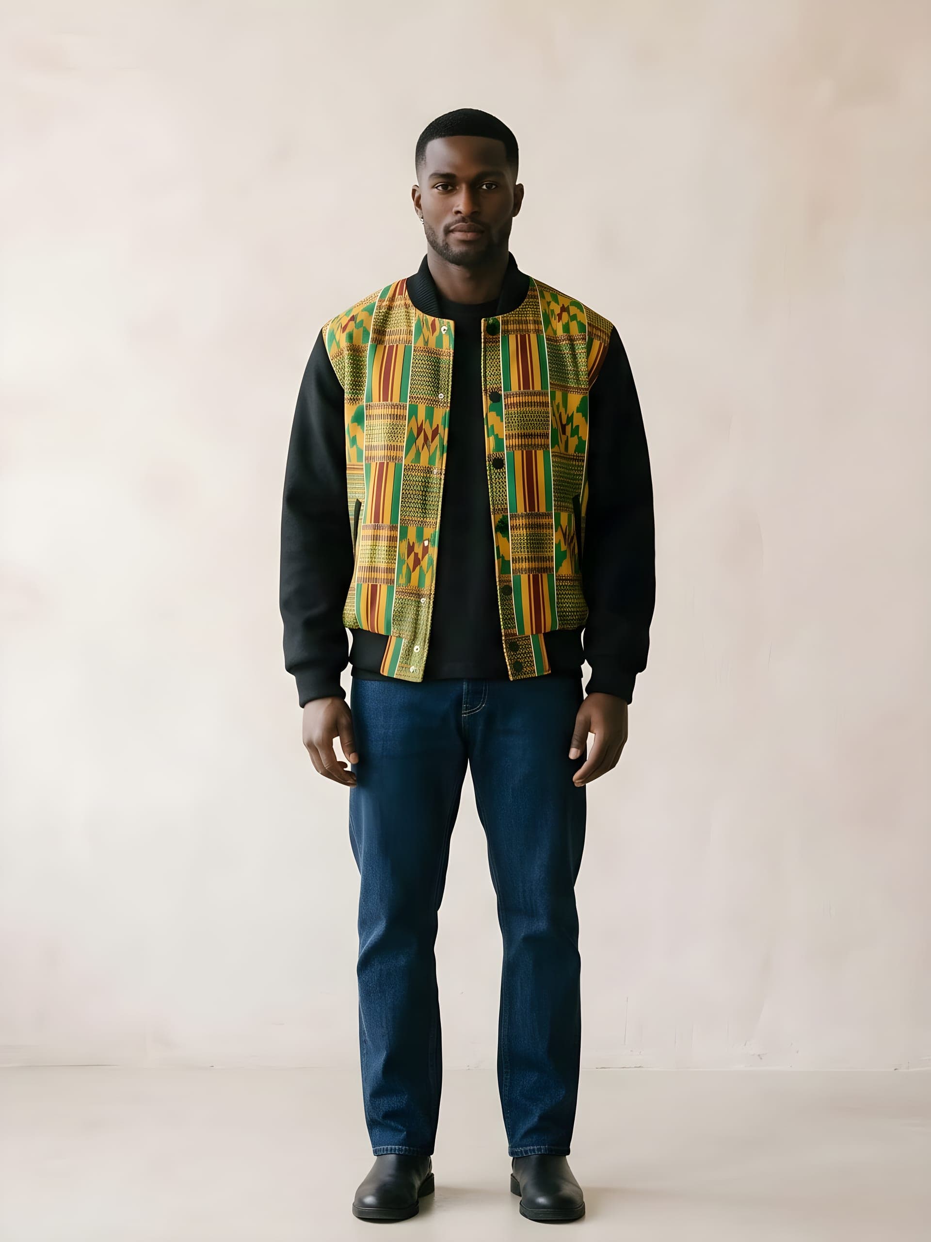 Kente Varsity Jacket, full look