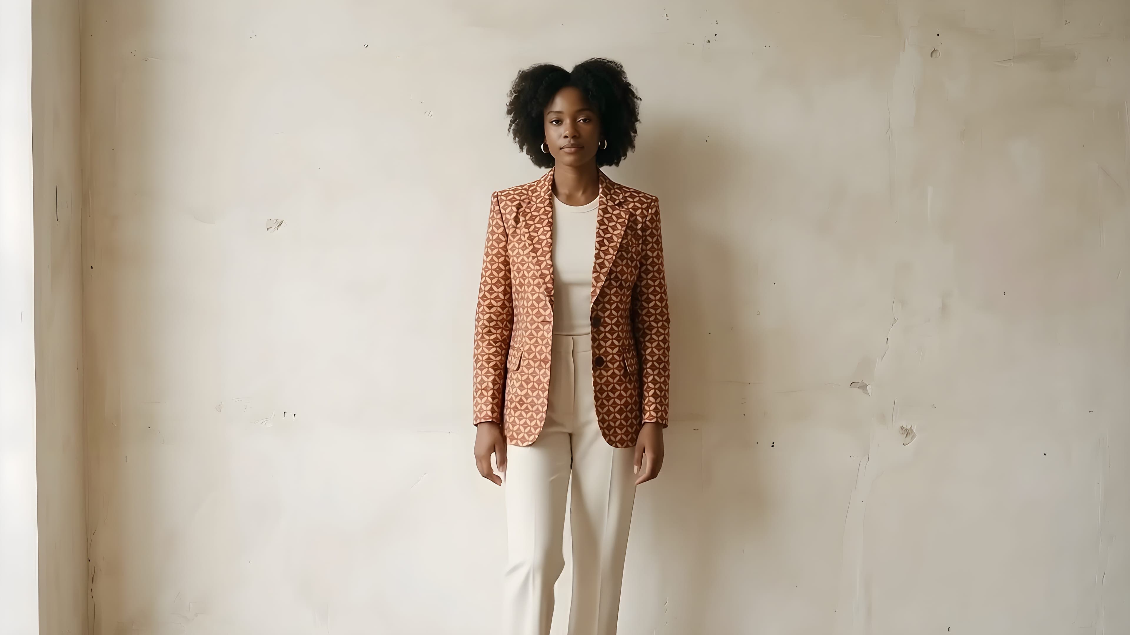 A model in an African-print jacket