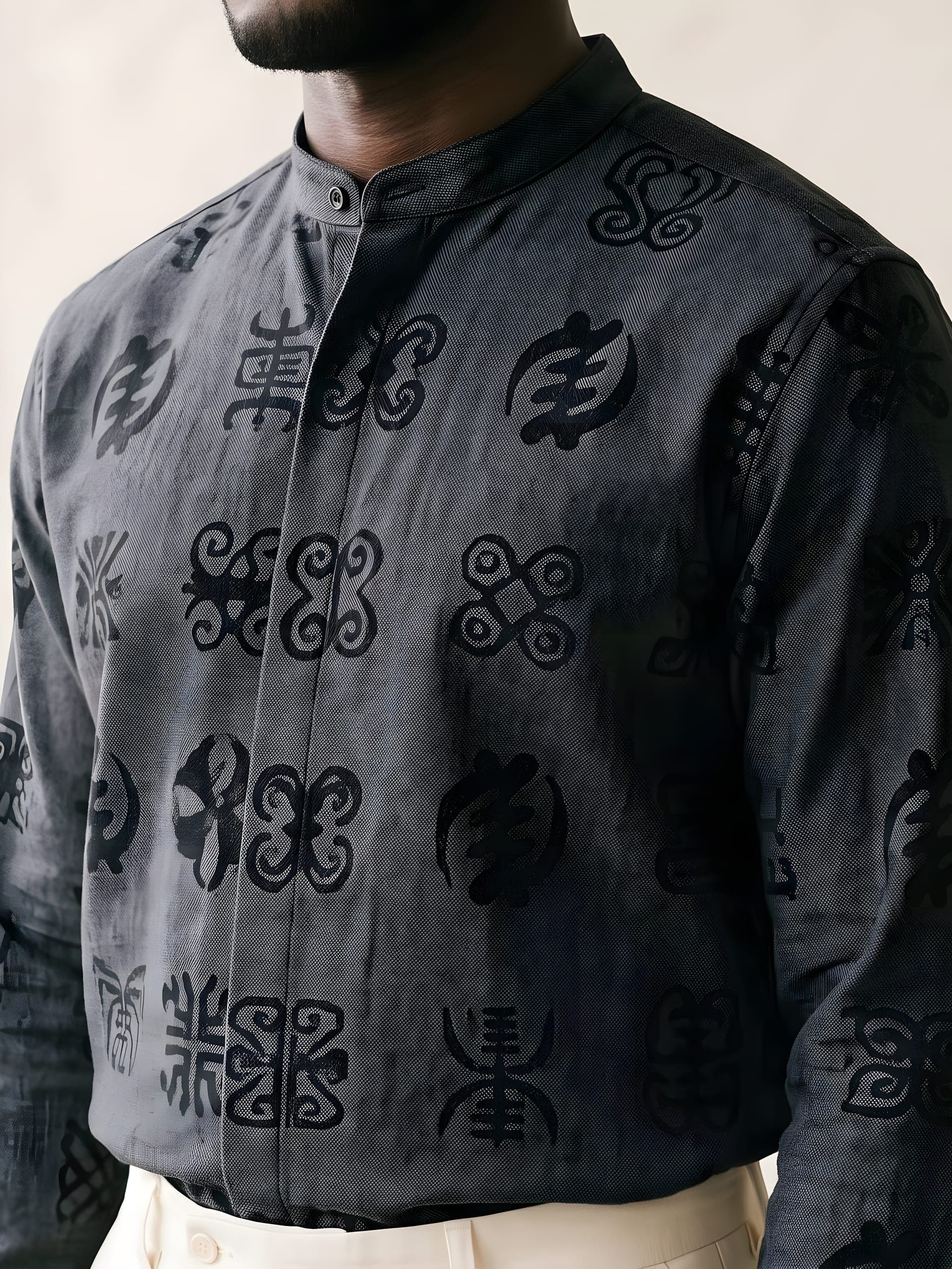 Adinkra Mandarin Shirt, close-up of the print