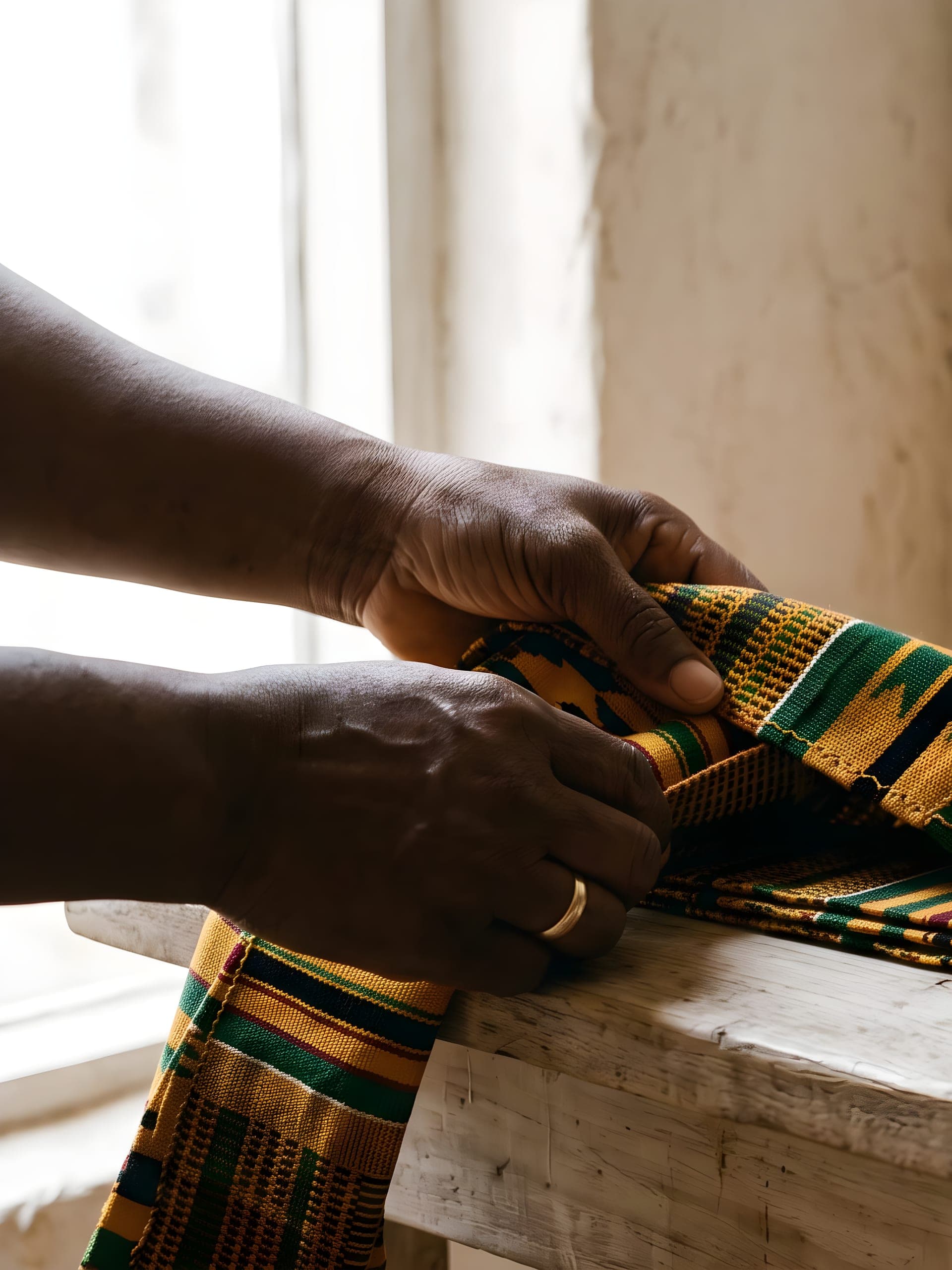 Hands folding kente cloth