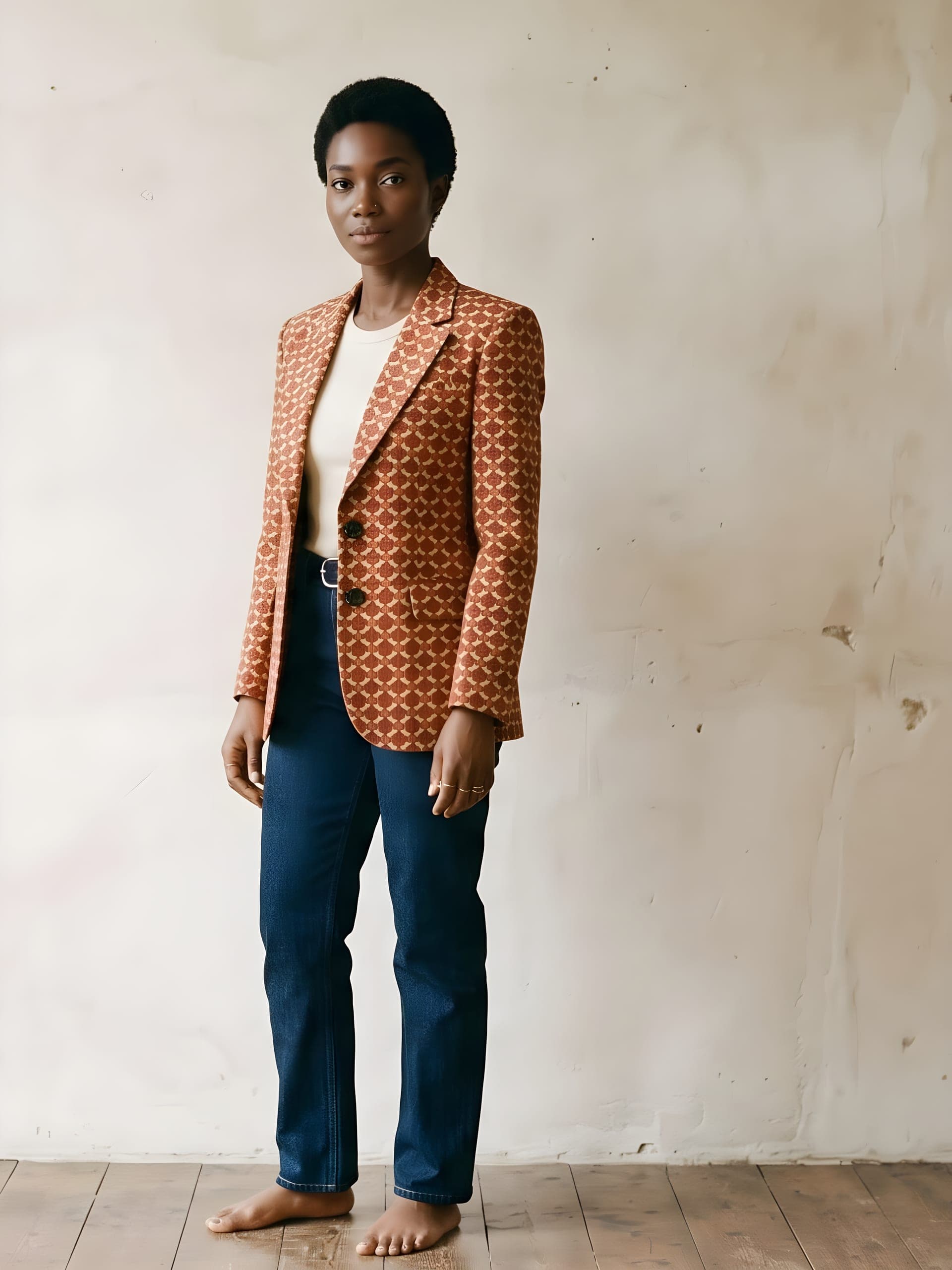A model in a wax print blazer